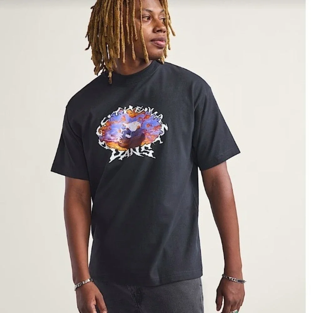 Vans Mens Dome Zone Short Sleeve Graphic T-Shirt Black Skull Sunset Loose Fit Lg